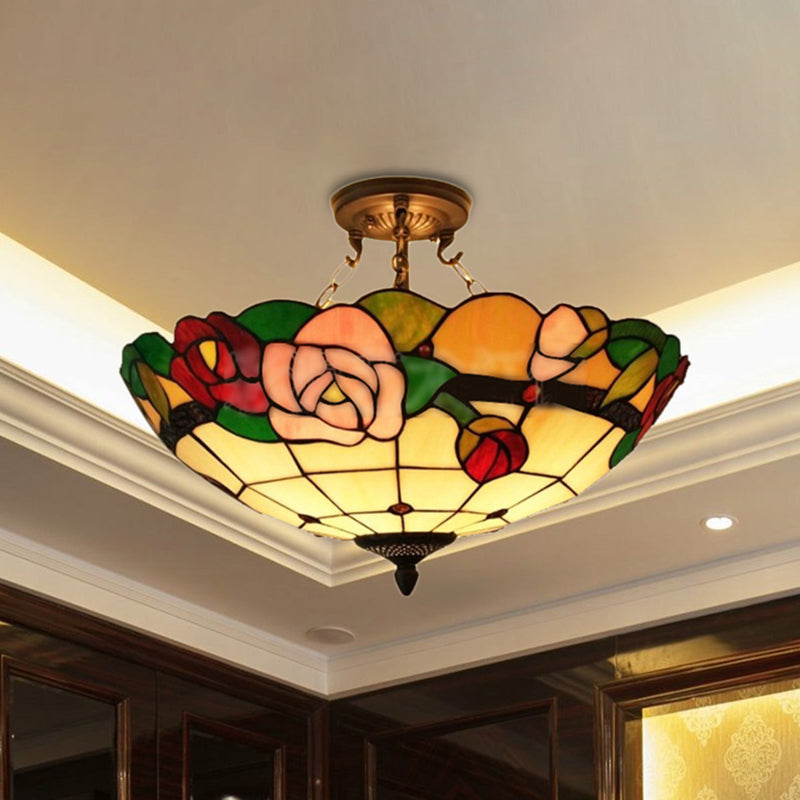 3 Bulbs Rose Semi Flushmount Stained Glass Tiffany Style Semi Flush Light for Living Room White Clearhalo 'Ceiling Lights' 'Close To Ceiling Lights' 'Close to ceiling' 'Glass shade' 'Glass' 'Pendant Lights' 'Semi-flushmount' 'Tiffany close to ceiling' 'Tiffany' Lighting' 254479