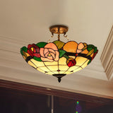 3 Bulbs Rose Semi Flushmount Stained Glass Tiffany Style Semi Flush Light for Living Room Clearhalo 'Ceiling Lights' 'Close To Ceiling Lights' 'Close to ceiling' 'Glass shade' 'Glass' 'Pendant Lights' 'Semi-flushmount' 'Tiffany close to ceiling' 'Tiffany' Lighting' 254480