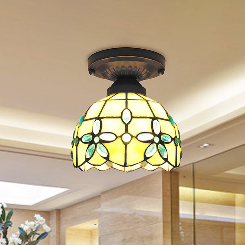 Mini Flush Ceiling Light with Crystal Flower Stained Glass Tiffany Flush Mount Light for Bedroom Beige Clearhalo 'Ceiling Lights' 'Close To Ceiling Lights' 'Close to ceiling' 'Glass shade' 'Glass' 'Pendant Lights' 'Semi-flushmount' 'Tiffany close to ceiling' 'Tiffany' Lighting' 254496