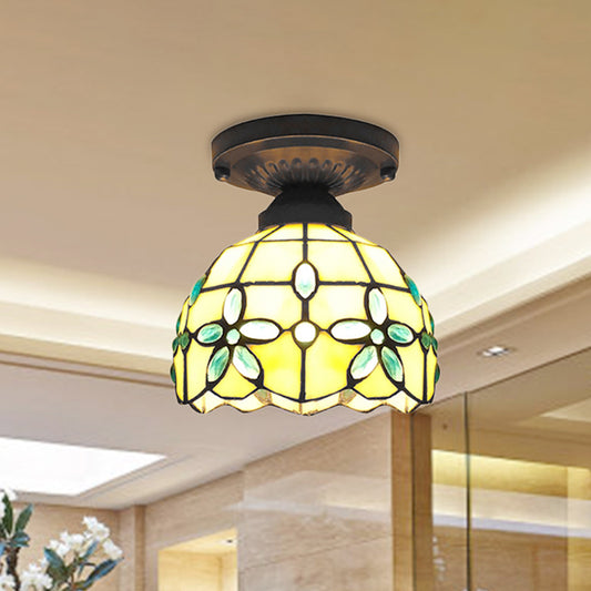 Mini Flush Ceiling Light with Crystal Flower Stained Glass Tiffany Flush Mount Light for Bedroom Beige Clearhalo 'Ceiling Lights' 'Close To Ceiling Lights' 'Close to ceiling' 'Glass shade' 'Glass' 'Pendant Lights' 'Semi-flushmount' 'Tiffany close to ceiling' 'Tiffany' Lighting' 254496