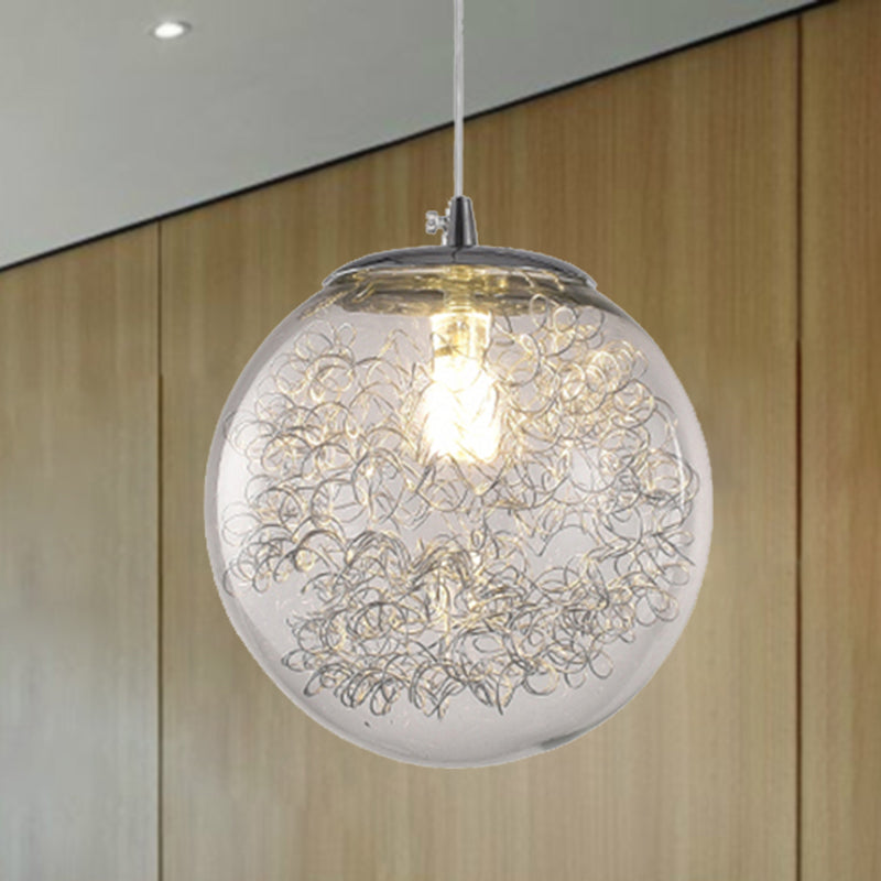 Clear Glass Spherical Hanging Light with Wire Deco 1 Light Modern Pendant Lighting Silver Clearhalo 'Ceiling Lights' 'Glass shade' 'Glass' 'Modern Pendants' 'Modern' 'Pendant Lights' 'Pendants' Lighting' 254498