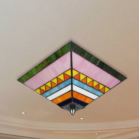 Multicolored Pyramid Flush Ceiling Light Craftsman Stained Glass 2 Bulbs Flush Mount Light for Foyer Orange Pink Clearhalo 'Ceiling Lights' 'Close To Ceiling Lights' 'Close to ceiling' 'Flush mount' Lighting' 254510