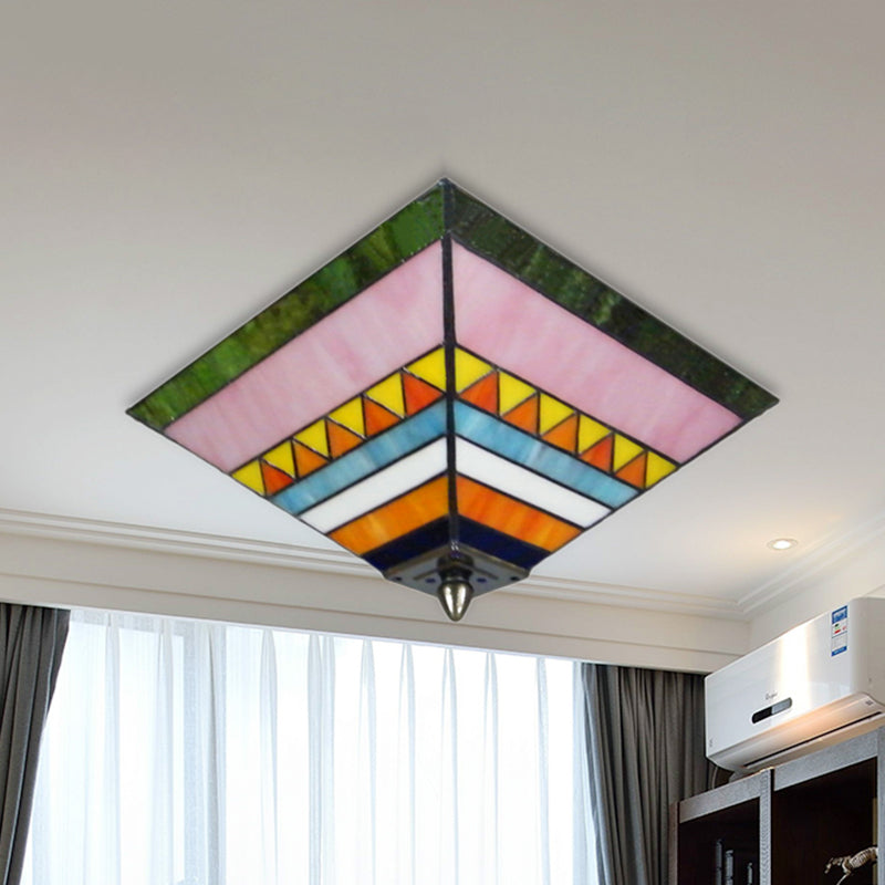 Multicolored Pyramid Flush Ceiling Light Craftsman Stained Glass 2 Bulbs Flush Mount Light for Foyer Clearhalo 'Ceiling Lights' 'Close To Ceiling Lights' 'Close to ceiling' 'Flush mount' Lighting' 254511