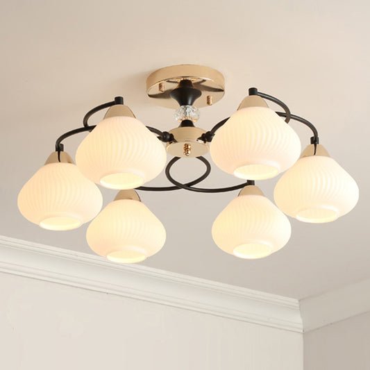 Elegant Urn Shade Semi Flushmount Light 6 Heads Opal Glass Ceiling Lamp in White for Living Room White Clearhalo 'Ceiling Lights' 'Close To Ceiling Lights' 'Close to ceiling' 'Glass shade' 'Glass' 'Semi-flushmount' Lighting' 254512