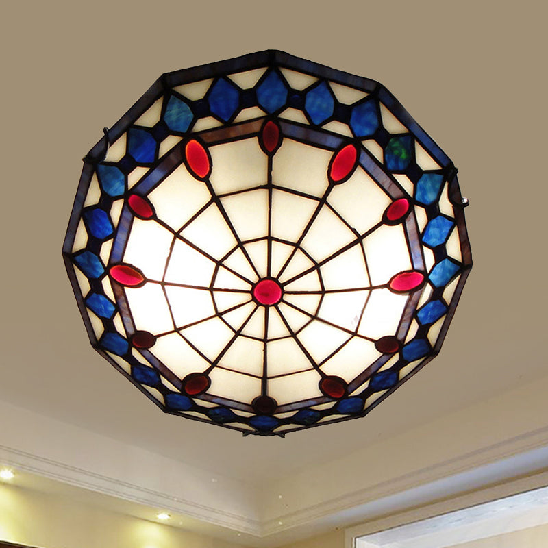 Stained Glass Flush Ceiling Light 3 Lights Tiffany Style Art Deco Flush Mount Light with Rhombus Pattern Blue-Red Clearhalo 'Ceiling Lights' 'Close To Ceiling Lights' 'Close to ceiling' 'Flush mount' Lighting' 254526