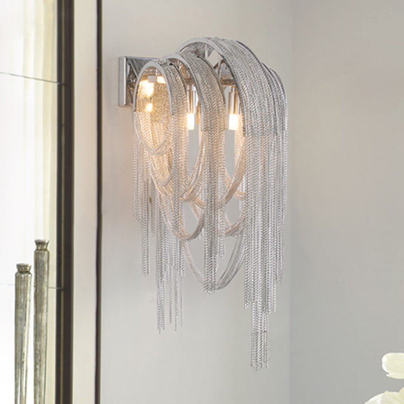 Tassel Sconce Light Fixture Modern Metal Chain 2 Lights Bedroom Wall Light Sconce in Chrome Chrome Clearhalo 'Wall Lamps & Sconces' 'Wall Lights' Lighting' 254566