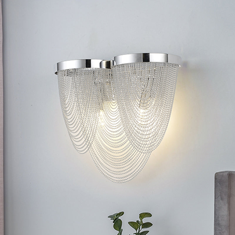 Metal Chain Shade Wall Light Fixture Postmodern 2 Lights Bedroom Sconce Light in Chrome Chrome Clearhalo 'Wall Lamps & Sconces' 'Wall Lights' Lighting' 254585