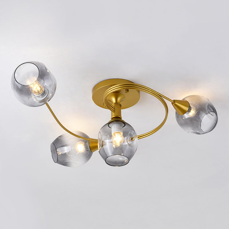 Bud Shade Study Room Ceiling Light with Gold Twist Arm Glass Modern Semi Flushmount Light in Smoke Gray 4 Gold Clearhalo 'Ceiling Lights' 'Close To Ceiling Lights' 'Close to ceiling' 'Glass shade' 'Glass' 'Semi-flushmount' Lighting' 254629