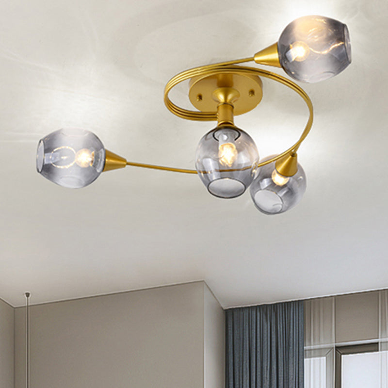 Bud Shade Study Room Ceiling Light with Gold Twist Arm Glass Modern Semi Flushmount Light in Smoke Gray Clearhalo 'Ceiling Lights' 'Close To Ceiling Lights' 'Close to ceiling' 'Glass shade' 'Glass' 'Semi-flushmount' Lighting' 254630