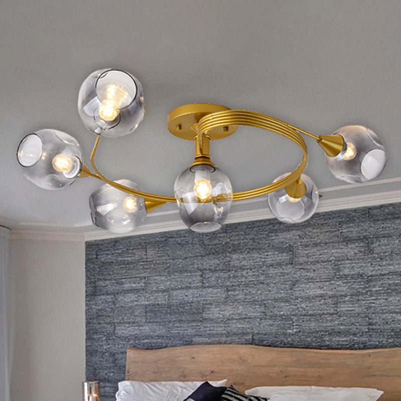 Bud Shade Study Room Ceiling Light with Gold Twist Arm Glass Modern Semi Flushmount Light in Smoke Gray Clearhalo 'Ceiling Lights' 'Close To Ceiling Lights' 'Close to ceiling' 'Glass shade' 'Glass' 'Semi-flushmount' Lighting' 254632