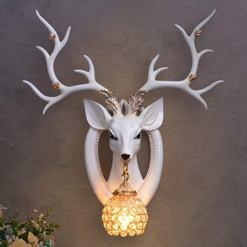 Dome Wall Light Fixture Traditional Metal and Crystal 1 Light Brown/White Sconce Light with Deer Decoration Clearhalo 'Wall Lamps & Sconces' 'Wall Lights' Lighting' 254633