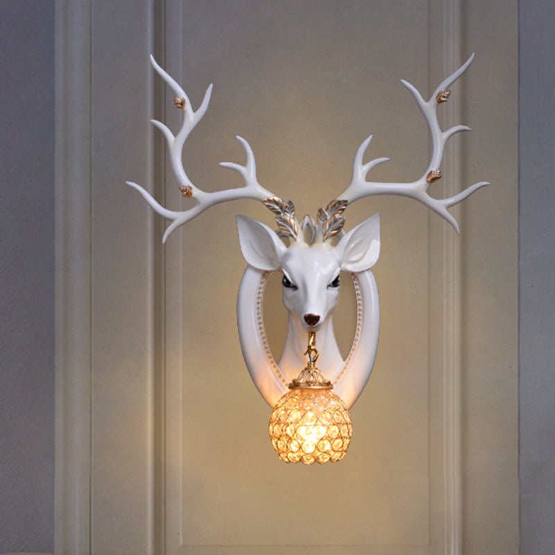 Dome Wall Light Fixture Traditional Metal and Crystal 1 Light Brown/White Sconce Light with Deer Decoration White Clearhalo 'Wall Lamps & Sconces' 'Wall Lights' Lighting' 254634