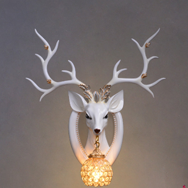 Dome Wall Light Fixture Traditional Metal and Crystal 1 Light Brown/White Sconce Light with Deer Decoration Clearhalo 'Wall Lamps & Sconces' 'Wall Lights' Lighting' 254636