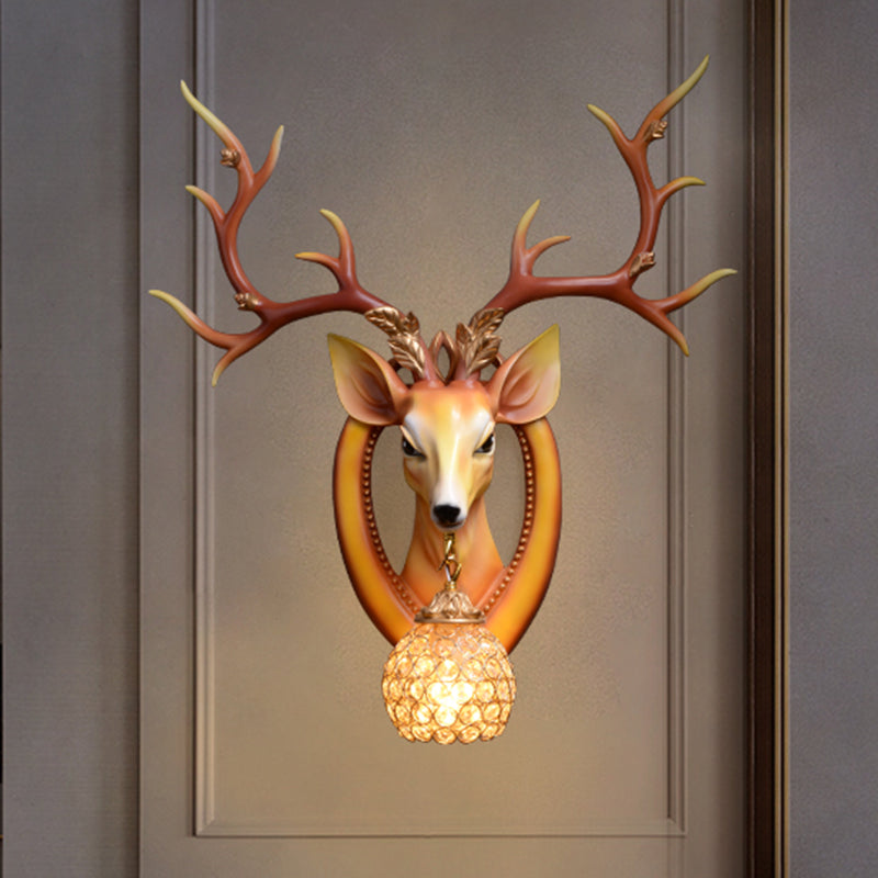 Dome Wall Light Fixture Traditional Metal and Crystal 1 Light Brown/White Sconce Light with Deer Decoration Clearhalo 'Wall Lamps & Sconces' 'Wall Lights' Lighting' 254639