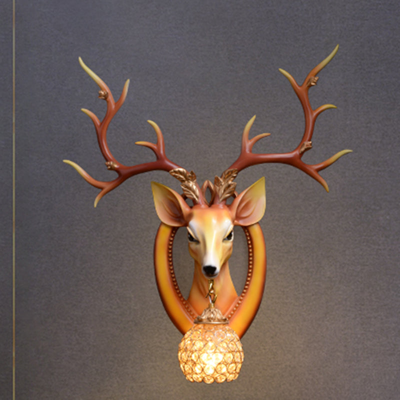 Dome Wall Light Fixture Traditional Metal and Crystal 1 Light Brown/White Sconce Light with Deer Decoration Brown Clearhalo 'Wall Lamps & Sconces' 'Wall Lights' Lighting' 254640