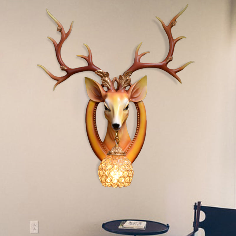 Dome Wall Light Fixture Traditional Metal and Crystal 1 Light Brown/White Sconce Light with Deer Decoration Clearhalo 'Wall Lamps & Sconces' 'Wall Lights' Lighting' 254641