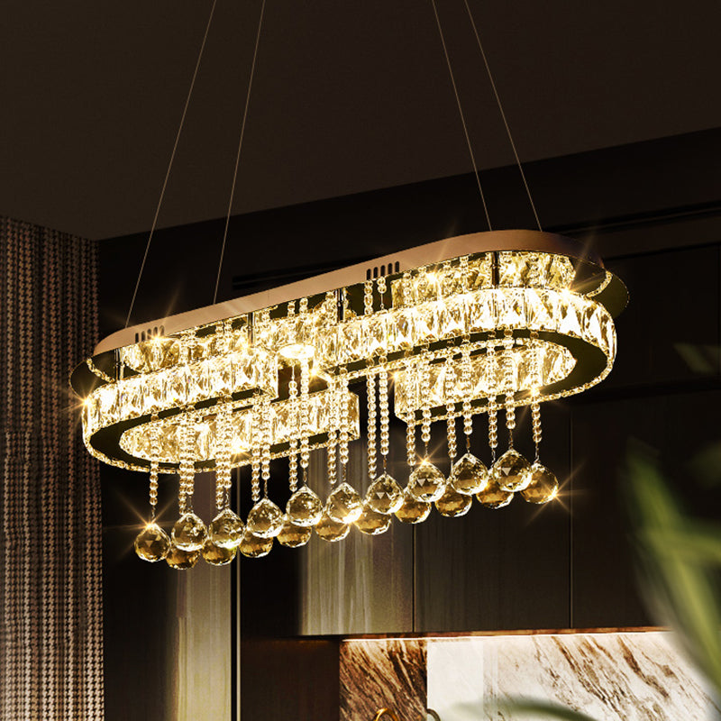 Stainless Steel Oblong Island Light Modern LED Crystal Pendant Lighting Fixture with Ball Tassel Clearhalo 'Ceiling Lights' 'Island Lights' Lighting' 2546423