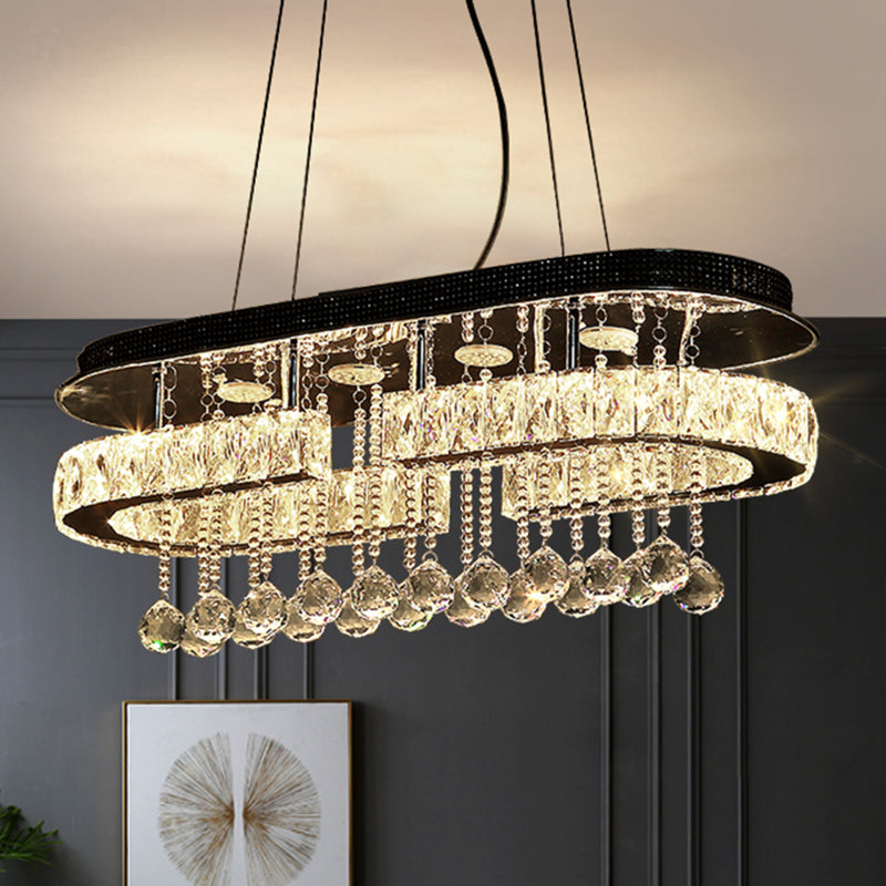 Stainless Steel Oblong Island Light Modern LED Crystal Pendant Lighting Fixture with Ball Tassel Clearhalo 'Ceiling Lights' 'Island Lights' Lighting' 2546425