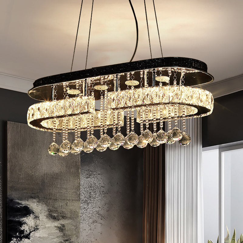 Stainless Steel Oblong Island Light Modern LED Crystal Pendant Lighting Fixture with Ball Tassel Clearhalo 'Ceiling Lights' 'Island Lights' Lighting' 2546426