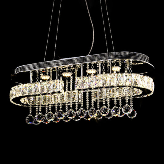 Stainless Steel Oblong Island Light Modern LED Crystal Pendant Lighting Fixture with Ball Tassel Clearhalo 'Ceiling Lights' 'Island Lights' Lighting' 2546427