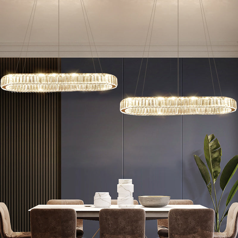 Restaurant LED Hanging Pendant Simple Stainless Steel Island Light with Oval Crystal Shade Clearhalo 'Ceiling Lights' 'Island Lights' Lighting' 2546432