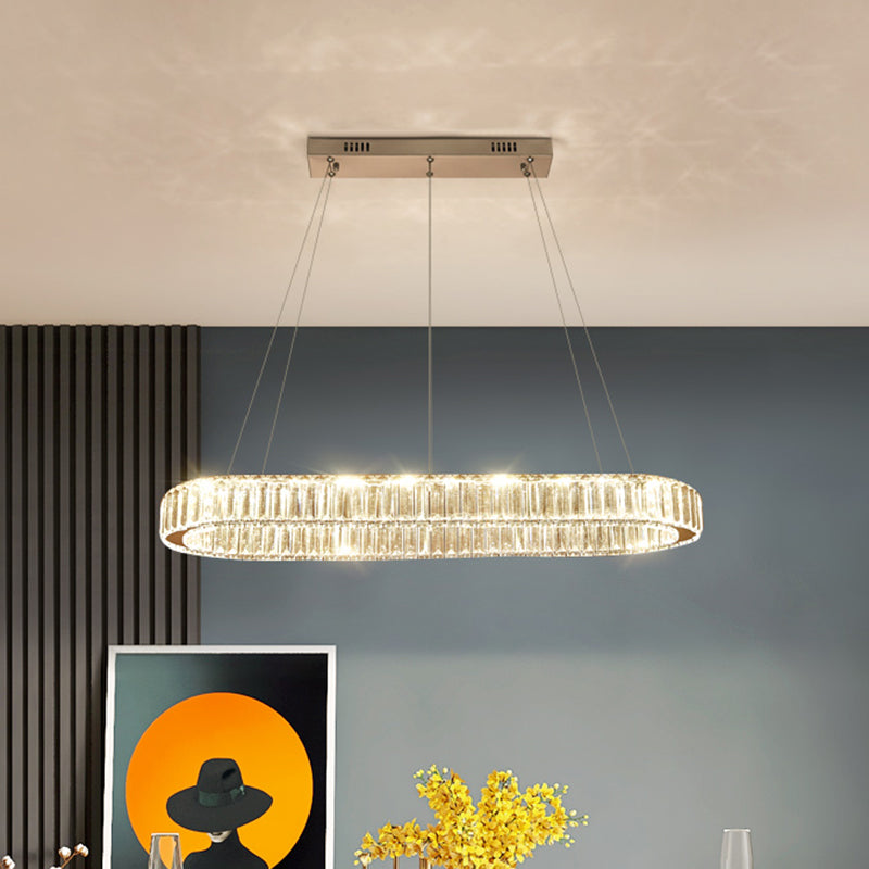 Restaurant LED Hanging Pendant Simple Stainless Steel Island Light with Oval Crystal Shade Clearhalo 'Ceiling Lights' 'Island Lights' Lighting' 2546434