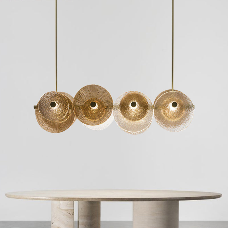 Disc Textured Glass Island Lighting Postmodern 4-Light Brass Suspension Light for Dinner Clearhalo 'Ceiling Lights' 'Glass shade' 'Glass' 'Island Lights' Lighting' 2546438