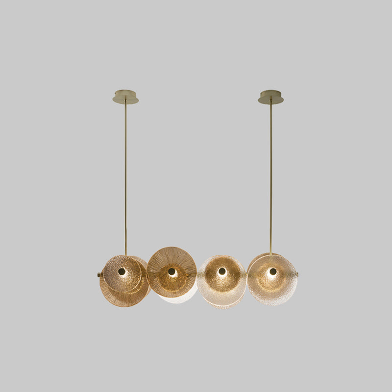 Disc Textured Glass Island Lighting Postmodern 4-Light Brass Suspension Light for Dinner Brass Clearhalo 'Ceiling Lights' 'Glass shade' 'Glass' 'Island Lights' Lighting' 2546439