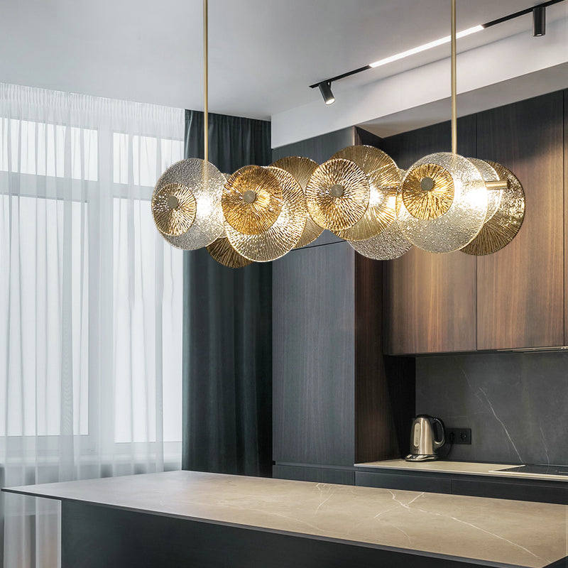 Disc Textured Glass Island Lighting Postmodern 4-Light Brass Suspension Light for Dinner Clearhalo 'Ceiling Lights' 'Glass shade' 'Glass' 'Island Lights' Lighting' 2546441