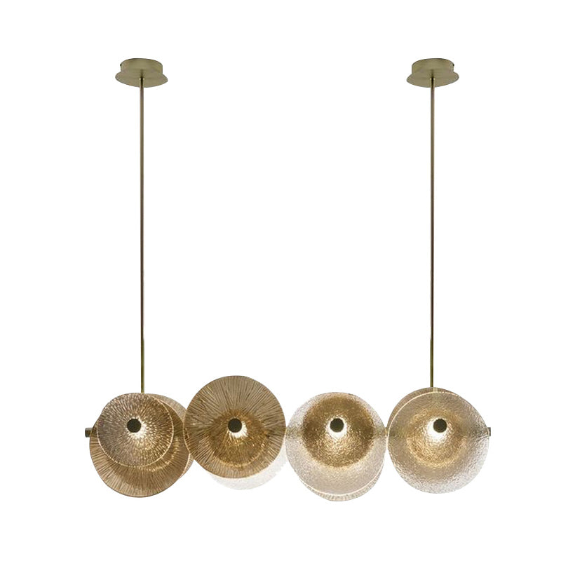 Disc Textured Glass Island Lighting Postmodern 4-Light Brass Suspension Light for Dinner Clearhalo 'Ceiling Lights' 'Glass shade' 'Glass' 'Island Lights' Lighting' 2546443