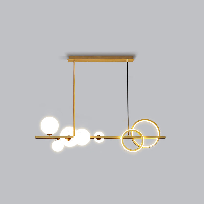 Ring and Globe Island Lamp Contemporary Glass 7-Head Hanging Light for Dining Room Gold Milk White Warm Clearhalo 'Ceiling Lights' 'Glass shade' 'Glass' 'Island Lights' Lighting' 2546457