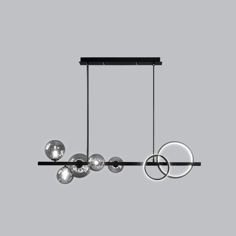 Ring and Globe Island Lamp Contemporary Glass 7-Head Hanging Light for Dining Room Black Smoke Grey White Clearhalo 'Ceiling Lights' 'Glass shade' 'Glass' 'Island Lights' Lighting' 2546459