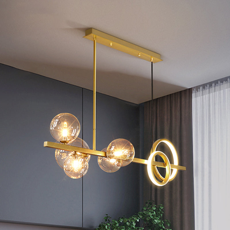 Ring and Globe Island Lamp Contemporary Glass 7-Head Hanging Light for Dining Room Clearhalo 'Ceiling Lights' 'Glass shade' 'Glass' 'Island Lights' Lighting' 2546460