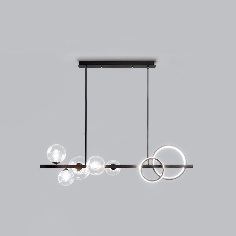 Ring and Globe Island Lamp Contemporary Glass 7-Head Hanging Light for Dining Room Black Clear White Clearhalo 'Ceiling Lights' 'Glass shade' 'Glass' 'Island Lights' Lighting' 2546462