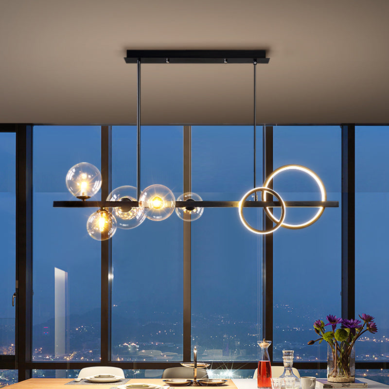 Ring and Globe Island Lamp Contemporary Glass 7-Head Hanging Light for Dining Room Clearhalo 'Ceiling Lights' 'Glass shade' 'Glass' 'Island Lights' Lighting' 2546463