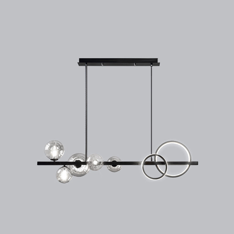 Ring and Globe Island Lamp Contemporary Glass 7-Head Hanging Light for Dining Room Black Cognac White Clearhalo 'Ceiling Lights' 'Glass shade' 'Glass' 'Island Lights' Lighting' 2546464