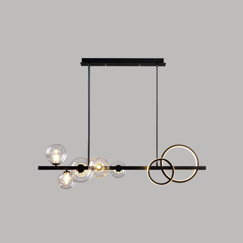 Ring and Globe Island Lamp Contemporary Glass 7-Head Hanging Light for Dining Room Black Clear Third Gear Clearhalo 'Ceiling Lights' 'Glass shade' 'Glass' 'Island Lights' Lighting' 2546466