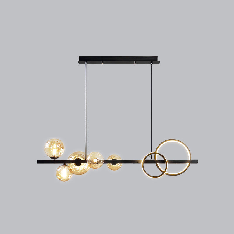 Ring and Globe Island Lamp Contemporary Glass 7-Head Hanging Light for Dining Room Black Cognac Third Gear Clearhalo 'Ceiling Lights' 'Glass shade' 'Glass' 'Island Lights' Lighting' 2546478