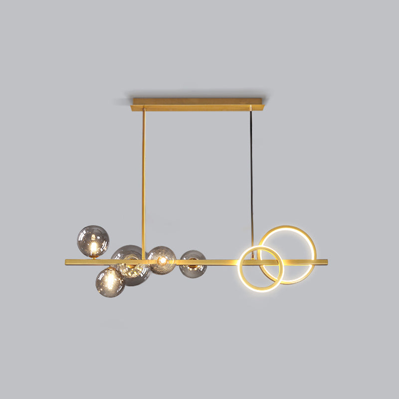 Ring and Globe Island Lamp Contemporary Glass 7-Head Hanging Light for Dining Room Gold Smoke Grey Warm Clearhalo 'Ceiling Lights' 'Glass shade' 'Glass' 'Island Lights' Lighting' 2546480