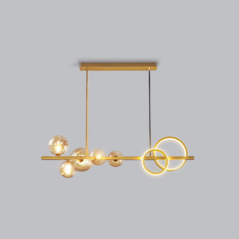 Ring and Globe Island Lamp Contemporary Glass 7-Head Hanging Light for Dining Room Gold Cognac Third Gear Clearhalo 'Ceiling Lights' 'Glass shade' 'Glass' 'Island Lights' Lighting' 2546487