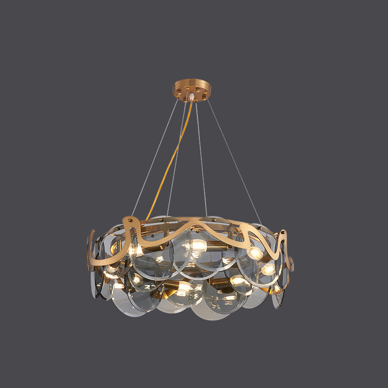 Postmodern Circles Suspended Lighting Fixture Glass Restaurant Island Light in Brass 8 Brass Smoke Grey Clearhalo 'Ceiling Lights' 'Glass shade' 'Glass' 'Island Lights' 'Pendant Lights' Lighting' 2546497