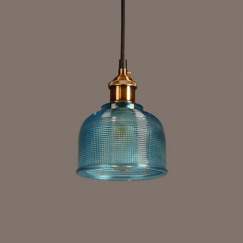 Lattice Glass Bowl Suspension Pendant Loft Style Single-Bulb Bar Ceiling Light in Brass Brass Blue Clearhalo 'Ceiling Lights' 'Glass shade' 'Glass' 'Industrial Pendants' 'Industrial' 'Middle Century Pendants' 'Pendant Lights' 'Pendants' 'Tiffany' Lighting' 2546597