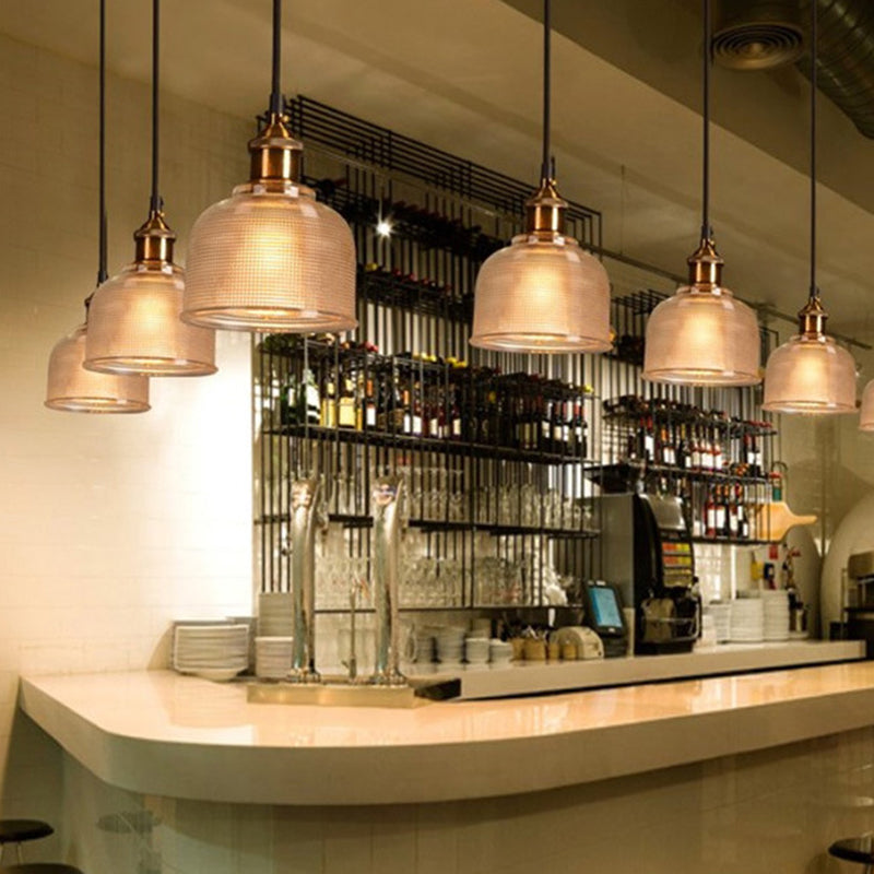 Lattice Glass Bowl Suspension Pendant Loft Style Single-Bulb Bar Ceiling Light in Brass Clearhalo 'Ceiling Lights' 'Glass shade' 'Glass' 'Industrial Pendants' 'Industrial' 'Middle Century Pendants' 'Pendant Lights' 'Pendants' 'Tiffany' Lighting' 2546599