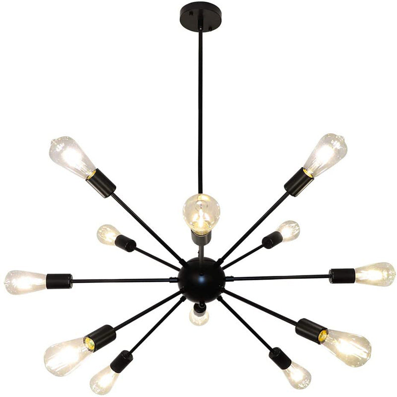 Industrial Bare Bulb Chandelier Metallic Pendant Light Fixture with Sun Burst Design 12 Black Clearhalo 'Cast Iron' 'Ceiling Lights' 'Chandeliers' 'Industrial Chandeliers' 'Industrial' 'Metal' 'Middle Century Chandeliers' 'Rustic Chandeliers' 'Tiffany' Lighting' 2546798