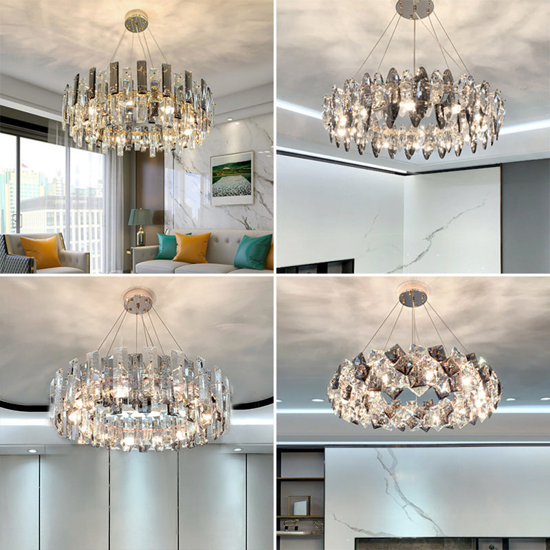 Drum Pendant Ceiling Light Modernist Smoke Grey Crystal Living Room Chandelier Lamp Clearhalo 'Ceiling Lights' 'Chandeliers' 'Modern Chandeliers' 'Modern' Lighting' 2546905