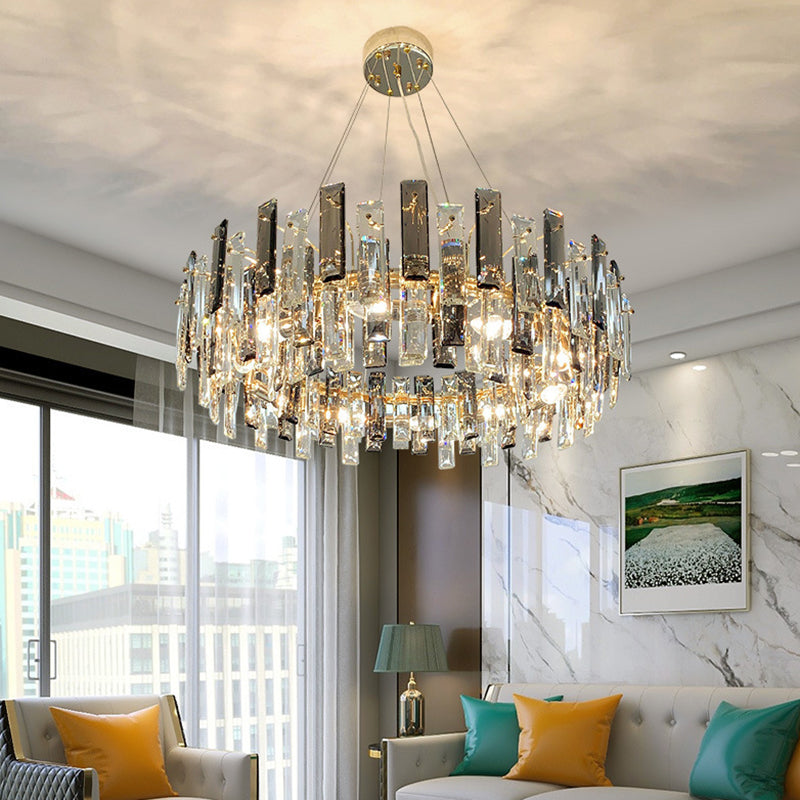 Drum Pendant Ceiling Light Modernist Smoke Grey Crystal Living Room Chandelier Lamp Clearhalo 'Ceiling Lights' 'Chandeliers' 'Modern Chandeliers' 'Modern' Lighting' 2546906