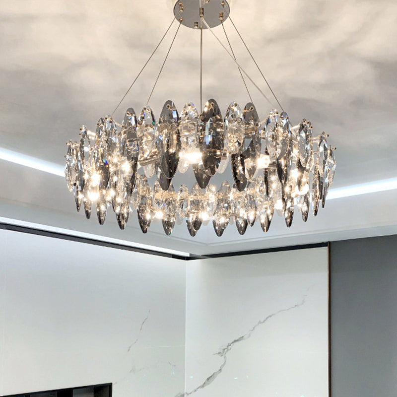 Drum Pendant Ceiling Light Modernist Smoke Grey Crystal Living Room Chandelier Lamp Clearhalo 'Ceiling Lights' 'Chandeliers' 'Modern Chandeliers' 'Modern' Lighting' 2546909