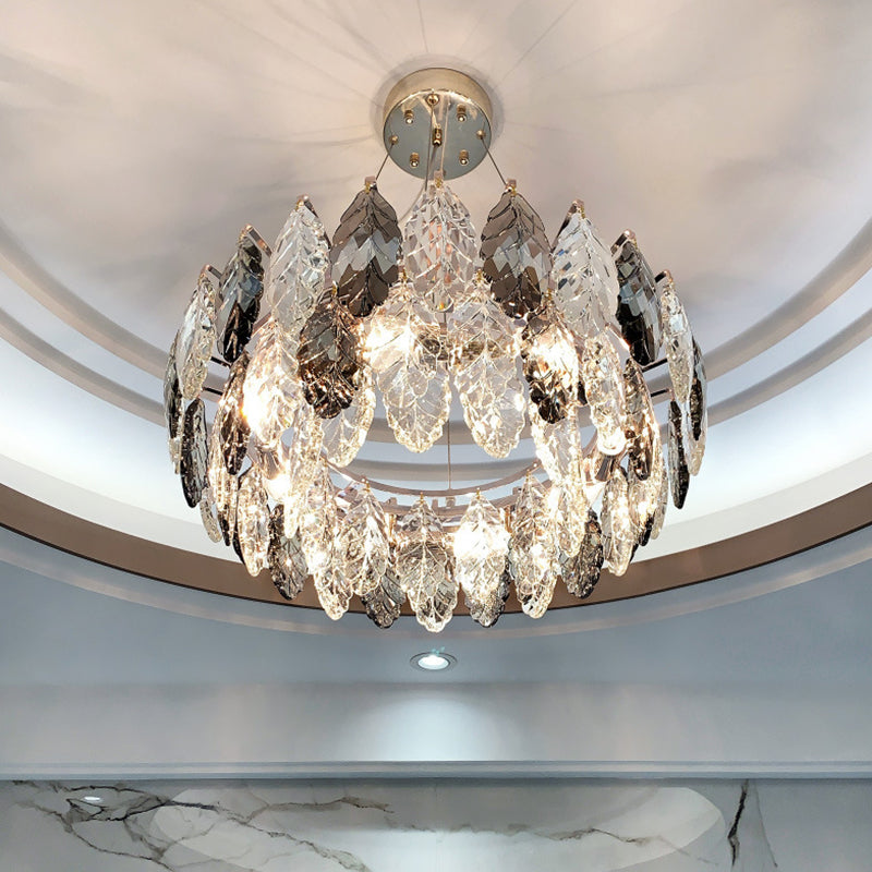 Drum Pendant Ceiling Light Modernist Smoke Grey Crystal Living Room Chandelier Lamp Clearhalo 'Ceiling Lights' 'Chandeliers' 'Modern Chandeliers' 'Modern' Lighting' 2546911