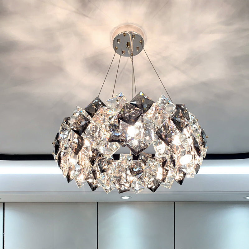 Drum Pendant Ceiling Light Modernist Smoke Grey Crystal Living Room Chandelier Lamp Smoke Gray 23.5" Rhombus Clearhalo 'Ceiling Lights' 'Chandeliers' 'Modern Chandeliers' 'Modern' Lighting' 2546912