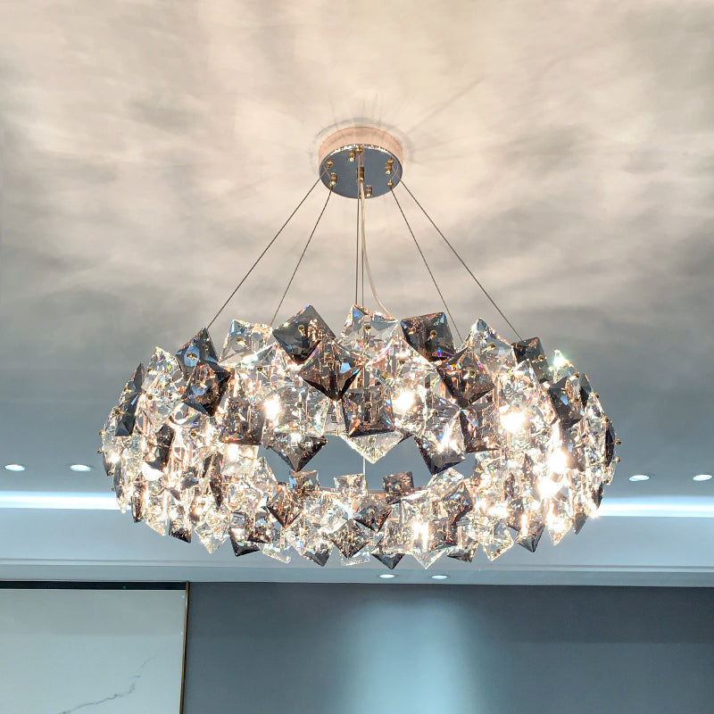 Drum Pendant Ceiling Light Modernist Smoke Grey Crystal Living Room Chandelier Lamp Smoke Gray 31.5" Rhombus Clearhalo 'Ceiling Lights' 'Chandeliers' 'Modern Chandeliers' 'Modern' Lighting' 2546913